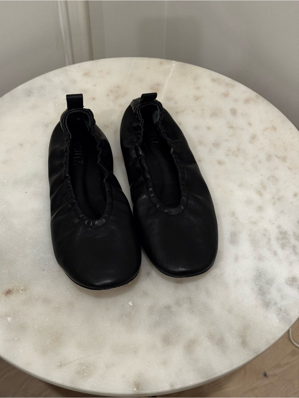 Schutz Black Leather Ballet Flats Elastic Topline Sz 7.5